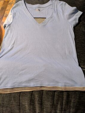 Basic Editions Light Blue V-Neck Tee with Striped Underlay